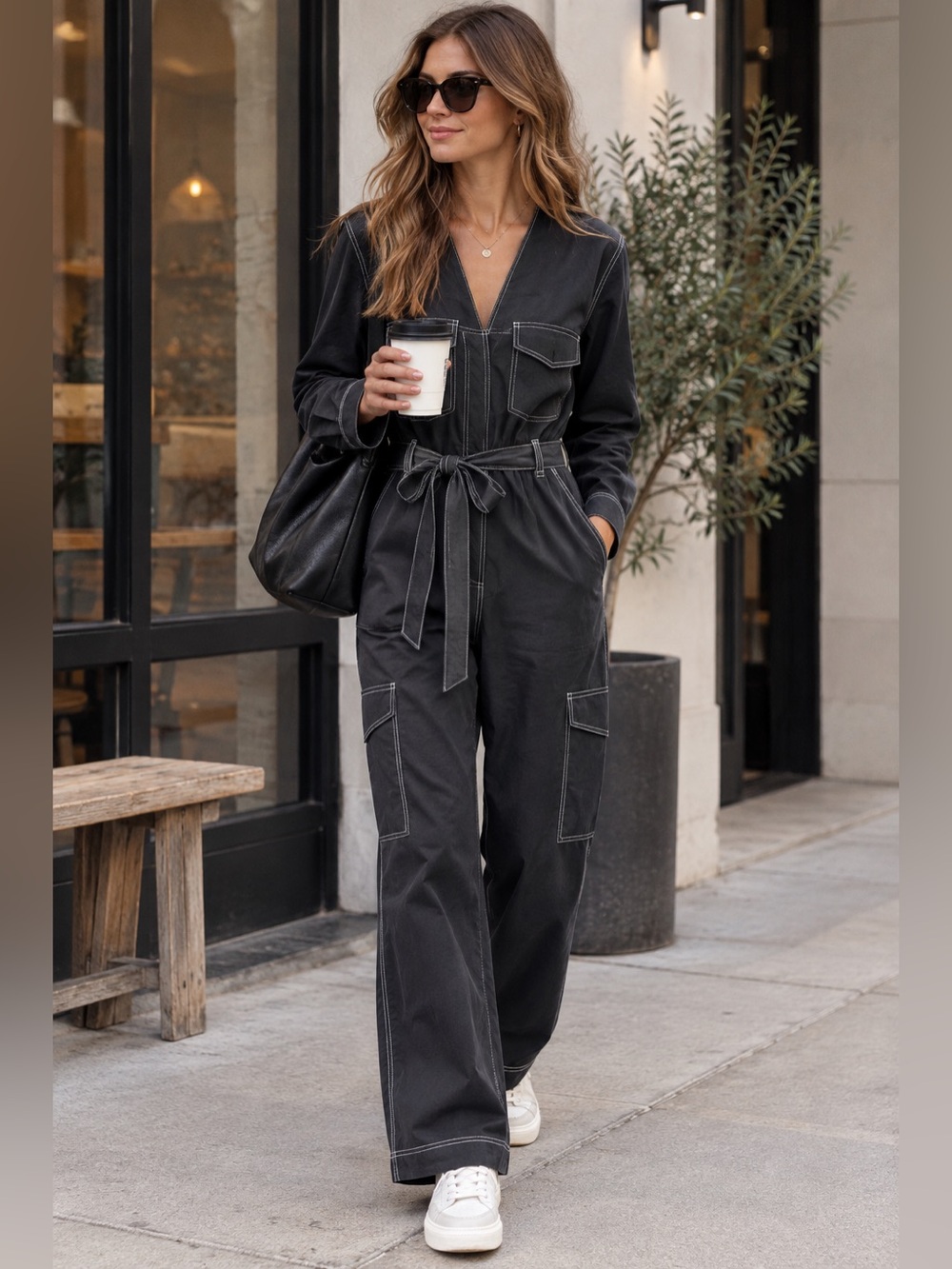 GANNI Black Contrast Stitch Belted Utility Jumpsuit EU 34 US 2 XS